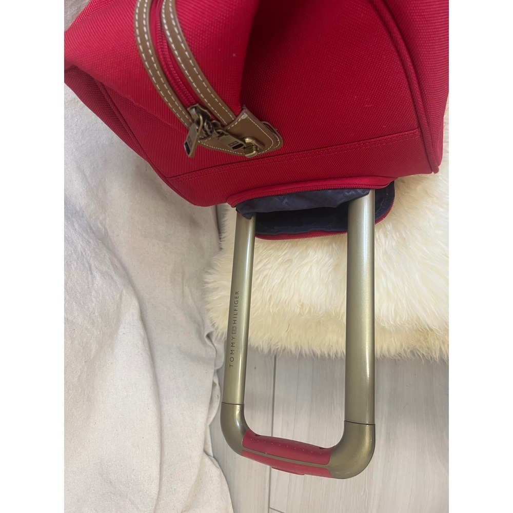 Tommy Hilfiger Rolling Duffel Red Canvas Logo Stripe Wheeled Travel Bag Nautical - Picture 5 of 7